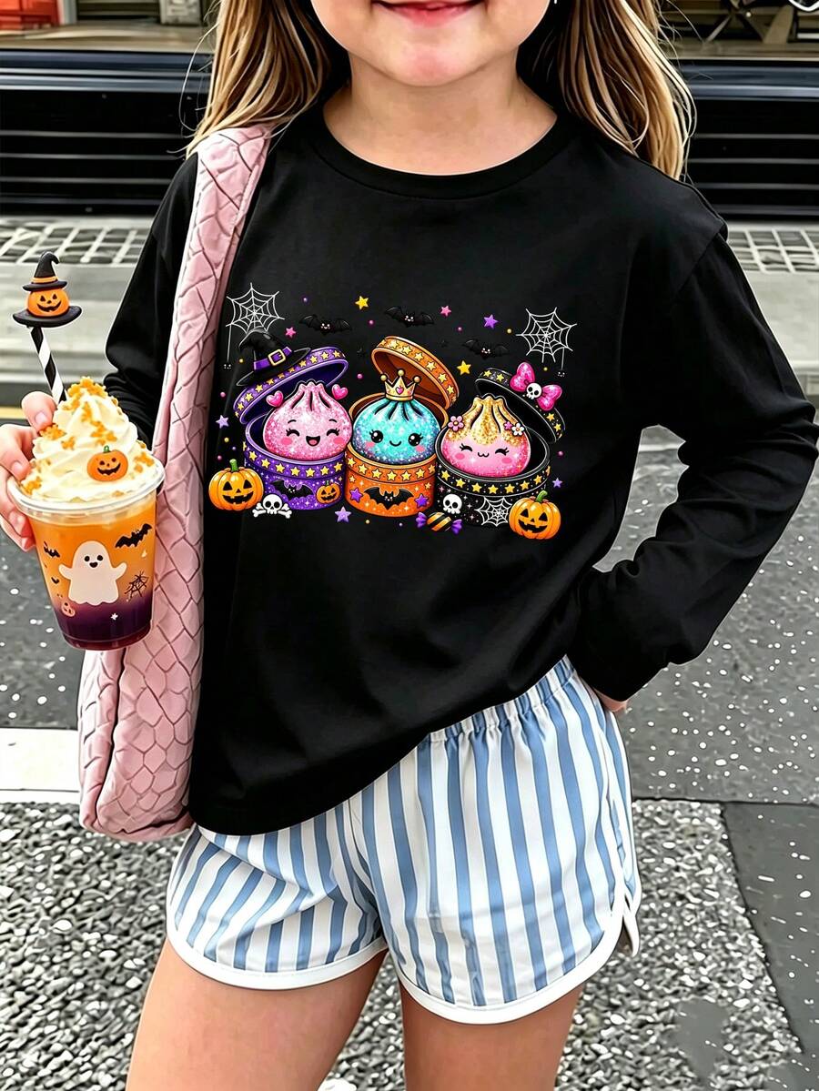 [Halloween]Tween Girl Fun Graphic Print Crew Neck Long Sleeve T-Shirt, Autumn/Winter Top - Black - View 1