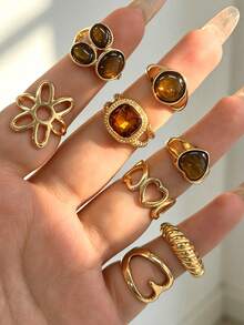8pcs Multi-Layer Stackable Fashion Minimalist Elegant Exquisite Vintage Design Flower Heart Faux Tiger Eye Stone Rhinestone Shiny Hollow Geometric Line Textured Metal Style Chunky Rings Set For Holiday Vacation Party Date Gift Daily Commute Wear Personalized - Yellow Gold - View 2