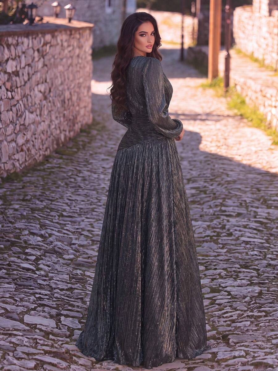 Elegant Round Neck Front Cut-Out Evening Gown, Suitable For Weddings, Balls, Anniversaries And Formal Occasions Party Black Fall - Black - View 1