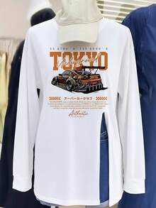 Street Style TOKYO Racing Print Side Slit Long Sleeve T-Shirt Women Loose Mid-Length Round Neck Casual Autumn Top - White - View 3