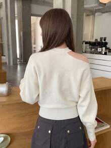 Autumn/Winter New Sexy Korean Style Scarf Off-Shoulder Long Sleeve Versatile Asymmetrical Base Layer Sweater Top - Apricot - View 7