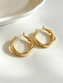 1 Pair Fashion Geometric Twisted Minimalist Hoop Earrings, Niche Design, Suitable For Teenage Girls' Daily And Holiday Wear - Gold - View 1