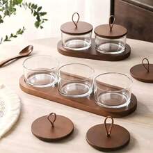 1‑Piece Wooden Tray & Glass Small Bowl Set With Lids, , Home Kitchen Tabletop Decor, Clear Glass Containers With Handle Lid, Multi Compartment Decorative Tray For Kitchen Counter, Tabletop Decor, Snack Organizer - Maroon - View 2