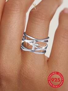 1pc Minimalist S925 Sterling Silver Polished Cross-Wrapped Line Open Adjustable Ring, Atmospheric Accessory For Women - Silver - View 1