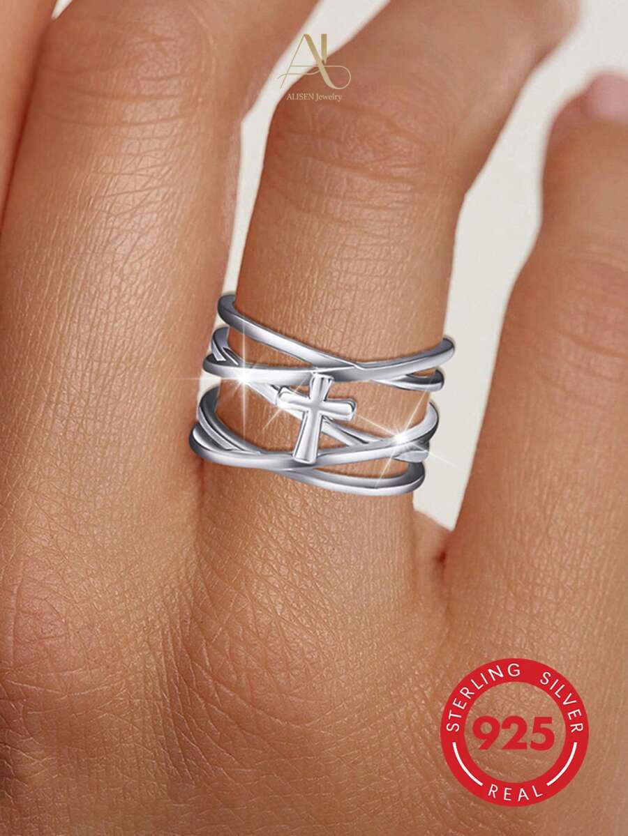 1pc Minimalist S925 Sterling Silver Polished Cross-Wrapped Line Open Adjustable Ring, Atmospheric Accessory For Women - Silver - View 1