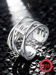 1pc Minimalist S925 Sterling Silver Polished Cross-Wrapped Line Open Adjustable Ring, Atmospheric Accessory For Women - Silver - View 5