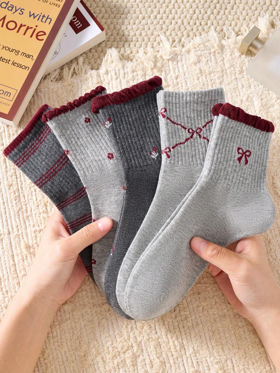 4 Pairs Women's Cute Cartoon Bow, Floral, Striped, Lace Pattern Mid-Calf Socks, Casual Comfortable School Style Student Socks, Fashionable Comfortable Random Colors Suitable For Daily Wear Spring Summer Autumn Winter All Seasons - Multicolor - View 1