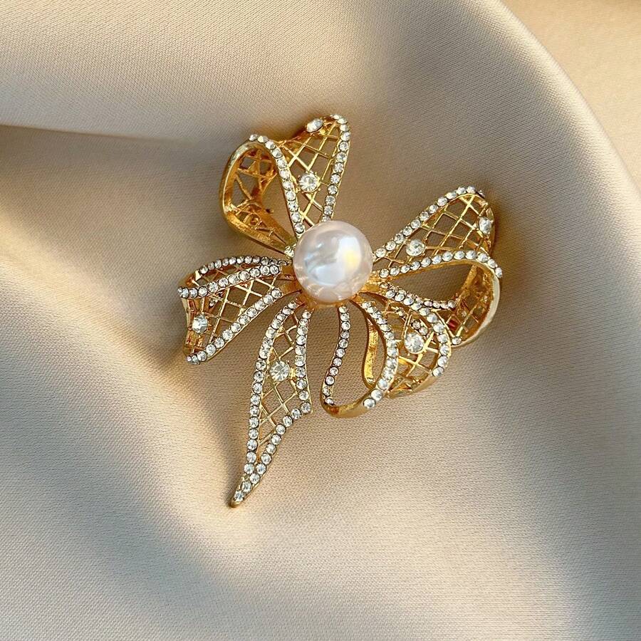 1pc Bowknot Casual Zinc Alloy Pearl Bow Brooch Suitable For Women Spring Summer Autumn Winter Daily Wear - Gold - View 1