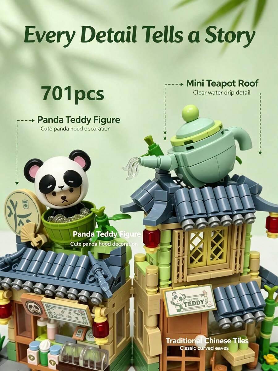 City Architecture Miniature Building Blocks Model, Panda Tea House, Western Restaurant, Spring Flower Shop 2-Story Building, Suitable For Adults To Relieve Stress And Reduce Anxiety, Interesting Adult Game Set, Creative Home Scene Puzzle, Perfect Birthday Gift, Exquisite Bedroom Construction Model (With Stickers)