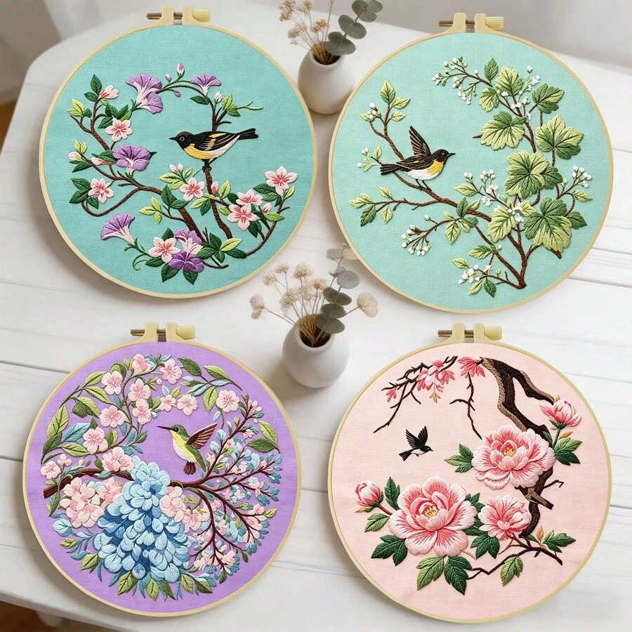 Embroidery Set, 20x20cm/7.9x7.9 Inches, Birds And Flowers, 2D Flat Printing Handmade DIY Beginner Embroidery Set, Including Embroidery Cloth,Instruction Manual,Embroidery Frame And Needle And Thread, Handmade Artwork As A Gift For Friends Or Famil