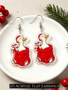 Boucles d'oreilles pendantes canard de Noël plates 2D, pendentifs d'oreilles en acrylique canard avec sac cadeau bonnet de Noël mignon, bijoux de fête canne de bonbon de Noël, cadeau de Noël - Canard de Noël - Voir 7