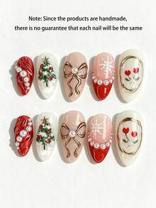 10PCS Christmas Almond Press On Nails, Handmade Fake Nails With Xmas Tree, Bow, Pearl, Snowflake & Red Flower Design, Reusable Wearable False Nails For Holiday Party - Multicolor - View 1