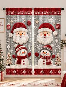2Pcs Santa Claus & Snowman Christmas Snowflake Pattern Printed Semi-Sheer Rod Pocket Holiday Window Curtains, Cute Cartoon Design, Suitable For Living Room And Bedroom, Rod Not Included, Machine Washable - C - View 7