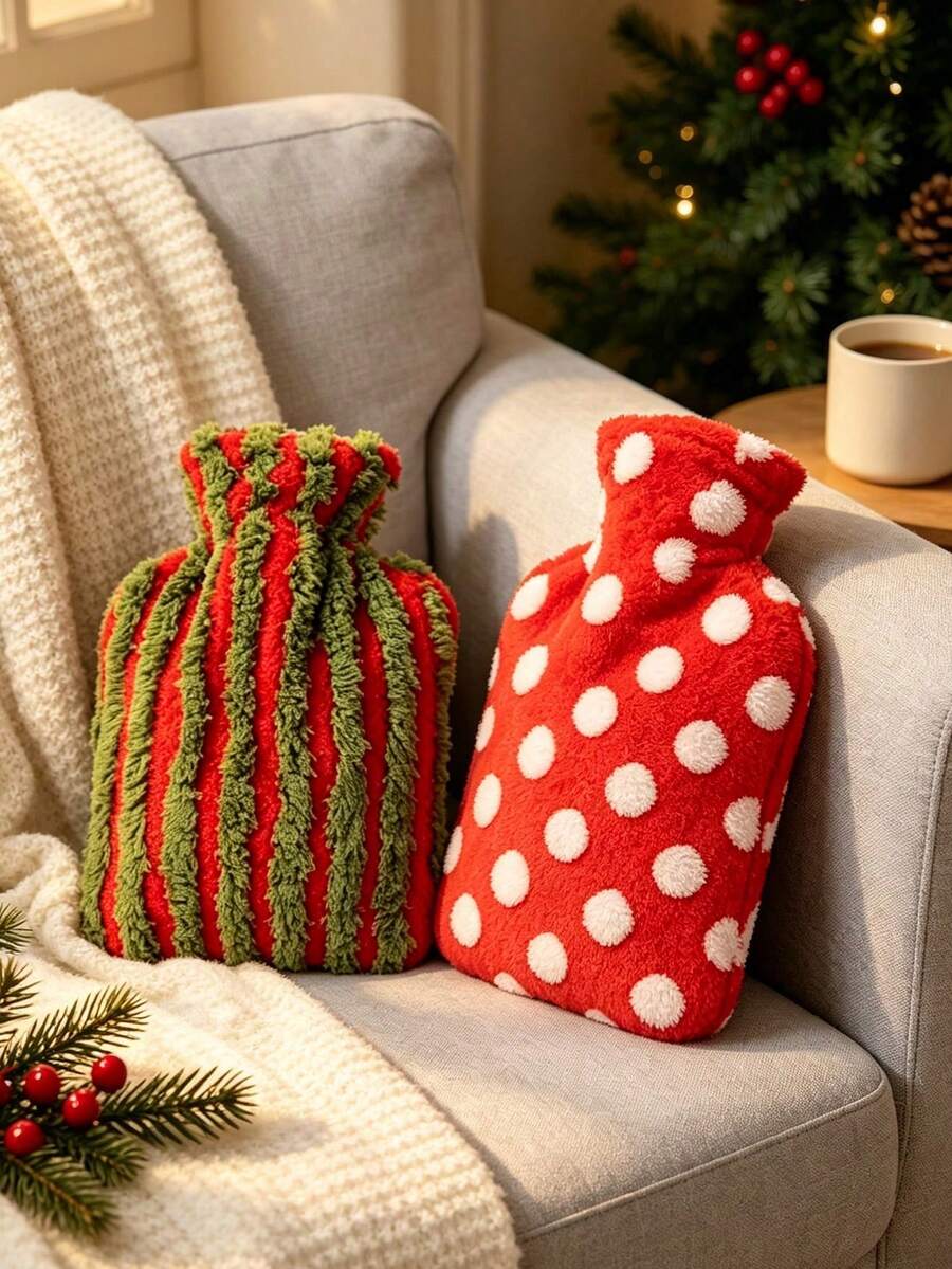 1pc Christmas Plush Hot Water Bottle Cover, Thickened Plush Fabric, Snowflake And Stripe Pattern Warm Hand Protection, Reusable Hot Water Bottle Cap, Suitable For Winter Use, Christmas Gift, Christmas Stocking Filler, Gift For Women - Multicolor - View 1