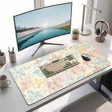 1pc Extended Mouse Pad With Brushstroke Watercolor Floral Design, Soft Pink Blue Creamy Watercolor Floral Desk Mat, Waterproof Anti-Slip Keyboard Pad, Girls Desk Decor - Flower 2 - View 11