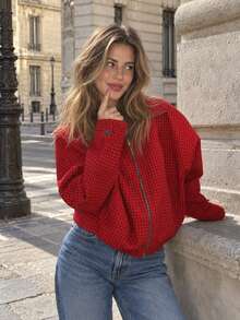 Chaqueta corta oversize con cremallera y estampado de cuadros rojos para mujer, prenda de abrigo de otoño - Rojo - Ver 1