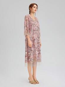 Rich Radi Q's Elegant Women's Mid-Length V-Neck Dress, Embroidered Floral Design, Contrast Sequin And Semi-Sheer Lace Details, Suitable For Formal Occasions - Red Violet - View 3