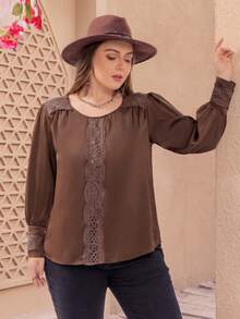 Plus Size Bohemian Hollow Lace Coffee Brown Loose Casual Women's Long Sleeve Top - Coffee Brown - View 3