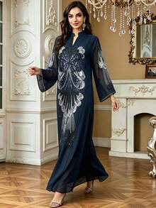 亮片刺繡 Abaya 長裙，立領長袖保守風 Kaftan，杜拜奢華穆斯林長袍，適用於開齋節、齋月、婚禮派對 - 藏蓝色 - 查看 4