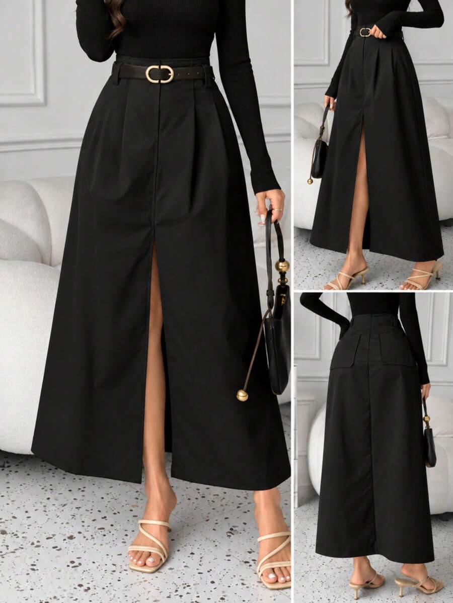 Women's Elegant High Waist A-Line Slit Maxi Skirt, Casual Solid Color, Versatile Fashion, Autumn/Winter - Black - View 1