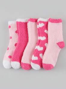 1/3/6/10 Pairs Random Women's Coral Thermal Lined Thickened Contrast Color Cuff Comfortable Warm Sleep Mid-Calf Socks - Multicolor - View 3