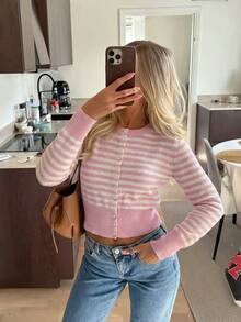 Fancy Everywear Women's Autumn/Winter Pink & White Striped Long Sleeve Button-Front Knit Cardigan, Elegant Versatile Y2K Style, Suitable For Outfits - Multicolor - View 1