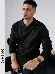 GRDR 男士 Polo 領羅紋針織毛衣，修身版型，黑色長袖基礎層上衣，適合秋冬商務休閒穿搭層次 - 黑色 - 查看 8