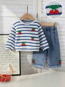 2pcs Baby Girl Casual Mori Style Striped Knit 3D Cherry Top & Denim Jeans Set, Thin Spring/Autumn - Blue - View 2