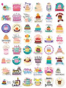 50Pcs Aesthetic Birthday Cake Stickers For Kids, Colorful Cartoon Cupcake & Balloon Decals For Party Decor, Stickers For Laptop, Water Bottle, Phone Case & Journal Decor - Multicolor - View 6
