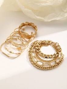 10pcs Fashion Minimalist Old Money Style Stackable Vintage Design Round Coin Cuban Chain Bracelet Set For Women, Date Party Ball Birthday Holiday Gift, Daily Versatile - Yellow Gold - View 7