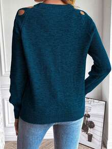 Stylish Long Sleeve Hollow Out Knitted Sweater For Women, Regular Fit Round Neck Top For Fall And Winter - Blue - View 2