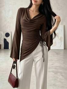 Atasan Wanita Gaya Muda Lengan Panjang Kerah Berkerut Lengan Lonceng Tali Serut Lipit Hem Asimetris - Coffee Brown - View 5
