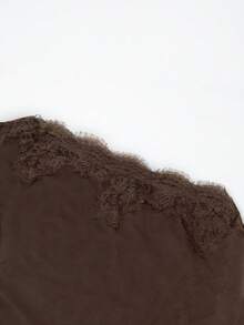 性感成熟風不對稱領口蕾絲拼接荷葉邊收腰側拉鍊抓皺修身長袖上衣，通勤日常穿搭，秋季上衣，棕色上衣 - 棕色 - 查看 6