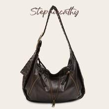 STEPHIECATHY Large Women's Shoulder Wide Woven Bag, PU Leather, Y2K Vintage Distressed Perforated Design, Adjustable Shoulder Strap, Zipper Decor, Pillow Style Bohemian Handbag, Suitable For Daily, Travel, Commute - Multicolor - View 2