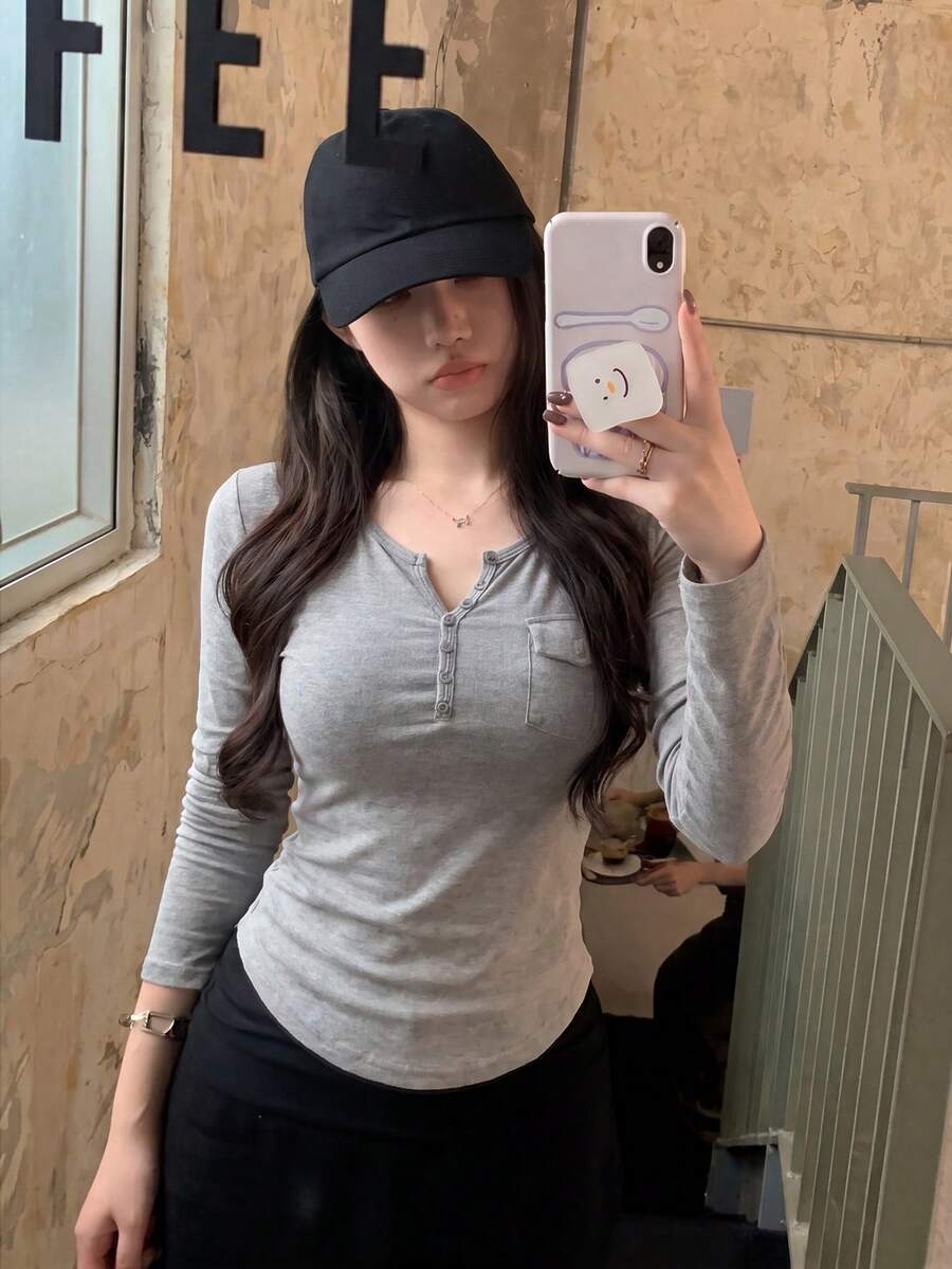 Designer Niche Long Sleeve T-Shirt Women Autumn Minimalist Versatile Slim Fit Flattering Casual Base Layer Top - Grey - View 1