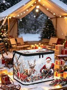 Christmas Zipper Storage Box, Santa Claus & Reindeer Print, Dual Handle Design, Large Foldable Holiday Storage Bin, Dust-Proof Rectangular Organizer, Suitable For Christmas Decorations, Gift Wrapping, Clothes, Toys, Closet, Bedroom And Christmas Party Home Decor - Multicolor - View 7
