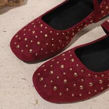 Women's Metal Rivet Decor Solid Color Square Toe Single Strap Flat Mary Jane Shoes, Retro Daily Spring/Summer Red Faux Leather Low Vamp Pumps - Burgundy - View 8
