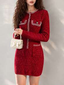 Women's Red Knitted Mini Sweater Dress, With Pockets, Long Sleeve Pencil Skirt Design, Fashionable Winter Slim Fit Style - Red - View 1