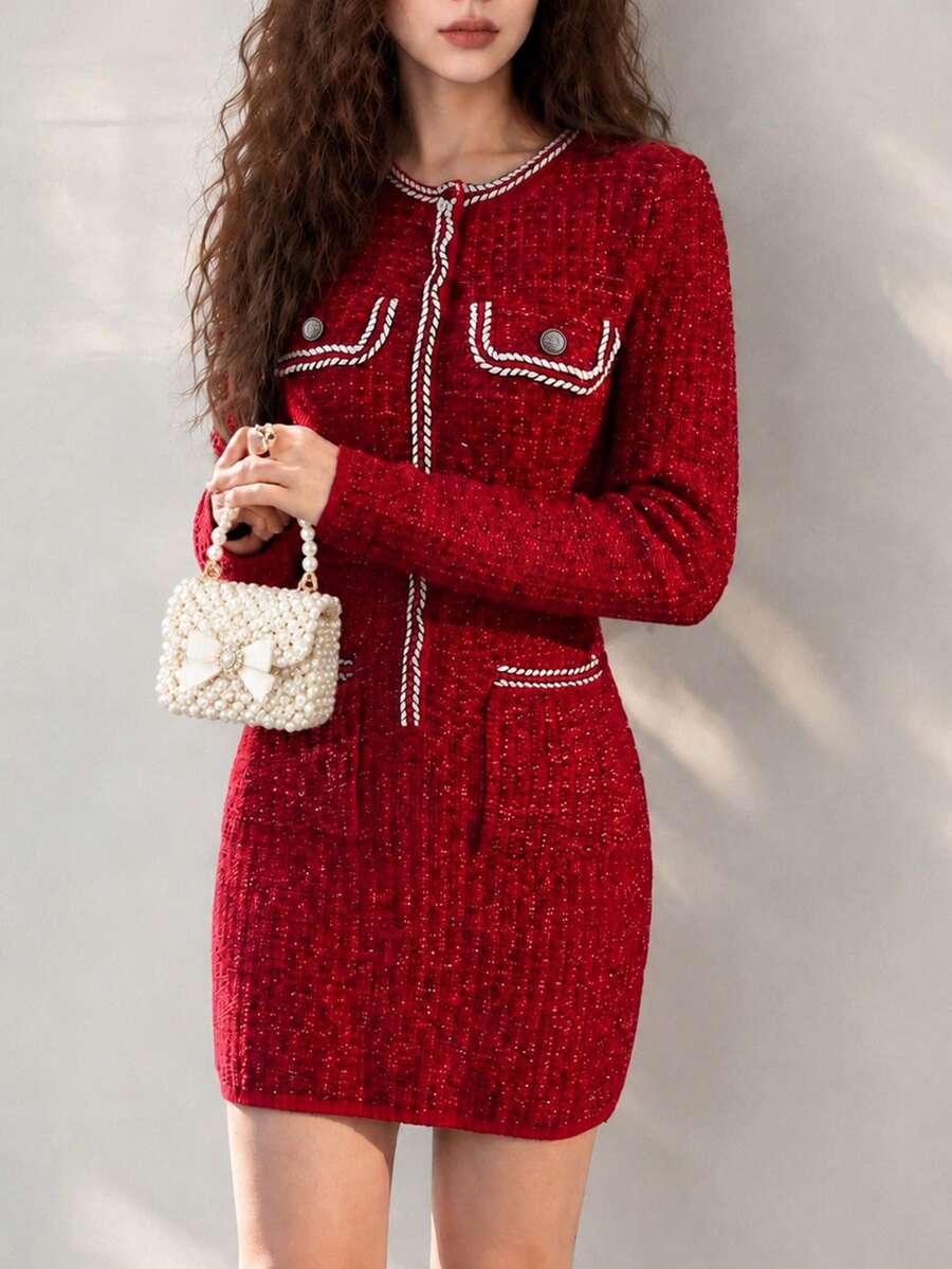 Women's Red Knitted Mini Sweater Dress, With Pockets, Long Sleeve Pencil Skirt Design, Fashionable Winter Slim Fit Style - Red - View 1