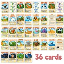 36Pcs Spanish Animal Game Flash Cards, Colorful Cartoon Wildlife Educational Cards, Spanish Language Learning Animal Flashcards For Kids, Preschool Teaching, Homeschool, Family Party Game - Multicolor - View 7