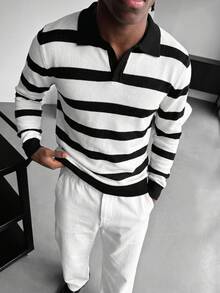 WAIT HIM Men's Casual Colorblock Striped Sweater - Black and White - View 1