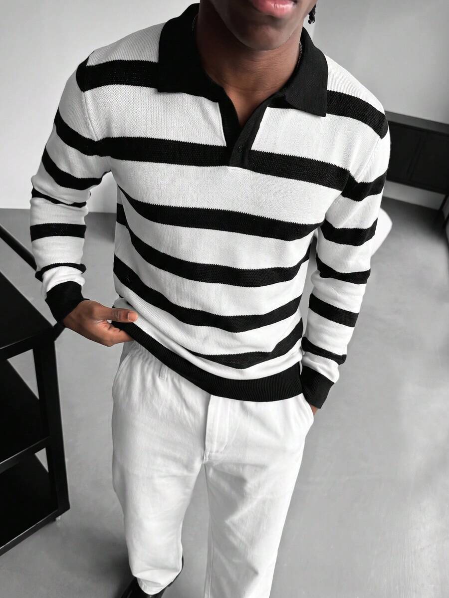 WAIT HIM Men's Casual Colorblock Striped Sweater - Black and White - View 1