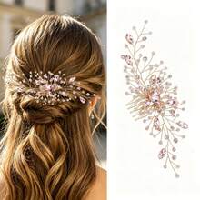 Green Bridal Updo Hair Accessory Handmade Vintage Wedding Hair Comb With Rhinestones - Pink - View 1
