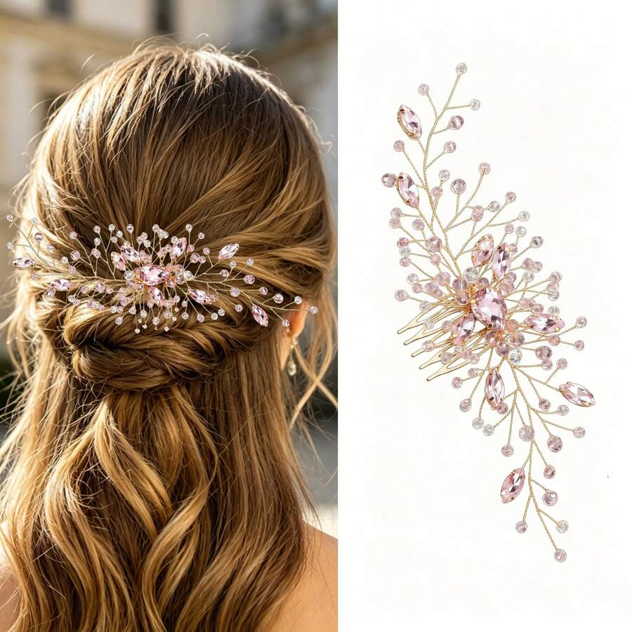 Green Bridal Updo Hair Accessory Handmade Vintage Wedding Hair Comb With Rhinestones - Pink - View 1