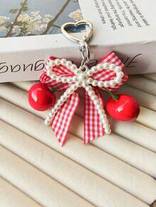 1pc Pearl Bow Resin Cherry Heart Shaped Keychain Key Ring, Fashionable Versatile Gift Choice - Multicolor - View 5