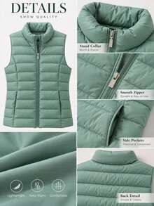 Women's Lightweight Puffer Vest, Sleeveless Zip-Up Stand Collar Quilted Gilet With Pockets, Casual Everyday Layering Jacket For Spring & Fall - Mint Green - View 5