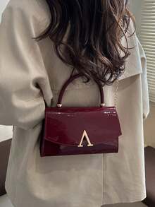 Wine Red Patent Leather Top Handle Bag, Women A‑Shape Metal Buckle Flap Chain Crossbody Shoulder Purse - Burgundy - View 5