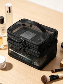 Mesh Makeup And Grooming Storage Bag, Paired With The Same Mesh Portable Storage Bag, Double-Layer Large-Capacity Transparent Toiletry Storage Bag, Portable Cosmetic Organizer With Compartments, Travel And Business Trip Toiletry Storage Pouch - Multicolor - View 10