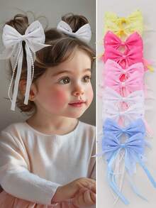 10pcs/Set Girls Colorful Ribbon Pearl Chain Bow Hairpins Heart Rhinestone Bow Decor Cute Hair Clips, Suitable For Daily Use - Multicolor - View 1