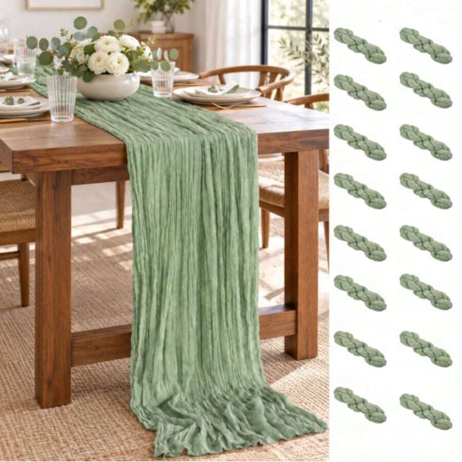 16 Pack Sage Green Cheesecloth Table Runner, Boho Gauze Table Runners, Soft Semi-Sheer Crinkled Cheese Cloth Fabric, Rustic Table Decor For Wedding Reception, Bridal Shower, Baby Shower, Birthday Party, Christmas, Thanksgiving, Banquet,And Decor - Sage Green - View 1